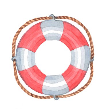 Deniz tema. Lifebuoy beyaz zemin üzerinde. Sulu boya Handpainting.