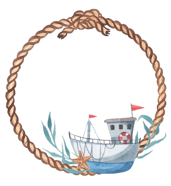 Deniz tema. Beyaz bir arka plan üzerinde tekne. Sulu boya Handpainting.