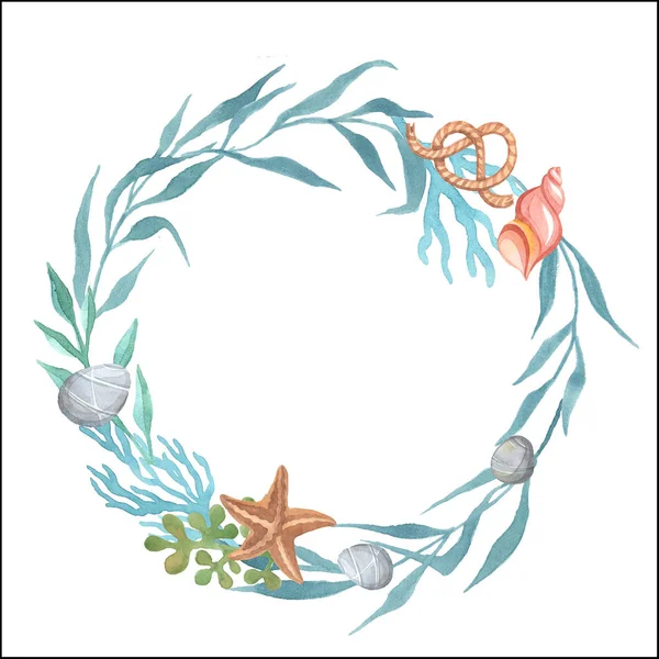 Marine theme. Wreath on a white background. Watercolor Handpainting. — Stock Photo, Image