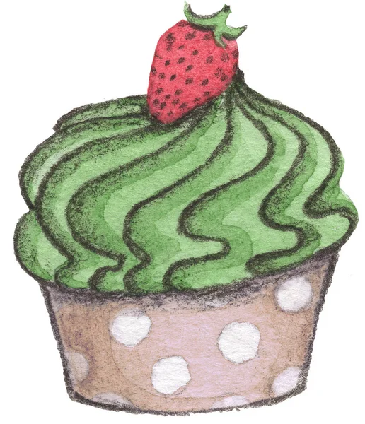 Watercolor cupcake with strawberry on white background. — Stock Photo, Image