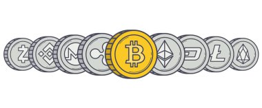 Cryptocurrency coins in row clipart