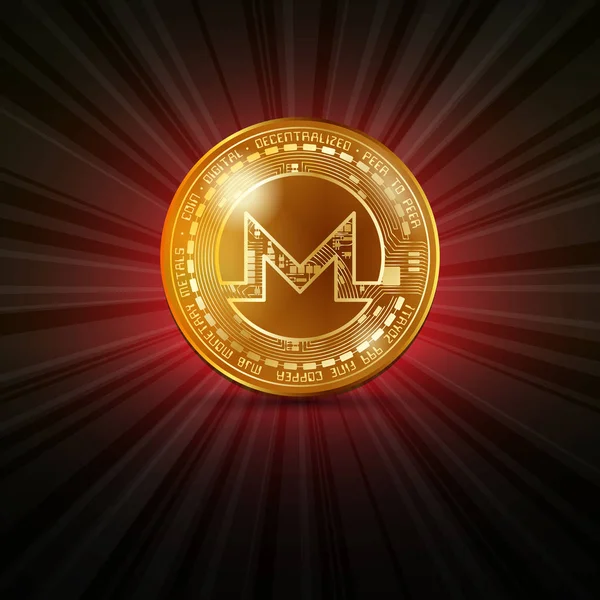 Golden Coin Monero Cryptocurrency Symbol Red Shine Light Rays Black — Stock Vector