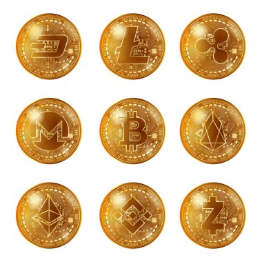 Altın cryptocurrency sikkeler seti