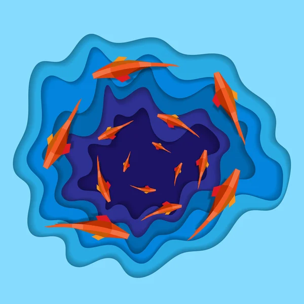 Vlny modrého papíru s rybami v kruhu — Stockový vektor