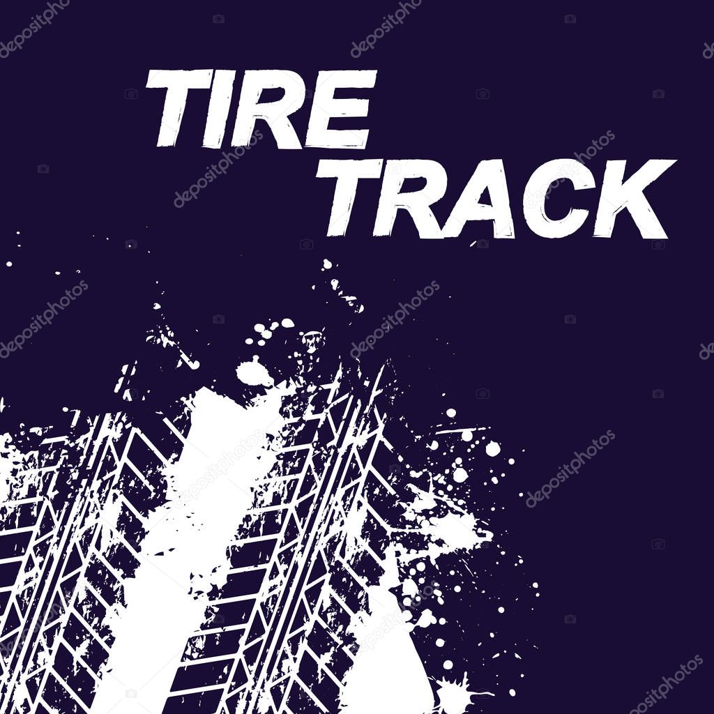 Tire track silhouettes with white ink blots splash isolated on dark background