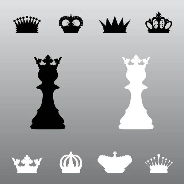 Schwarz Weiße Schachfiguren Mit Unterschiedlichen Kronen — Stockvektor