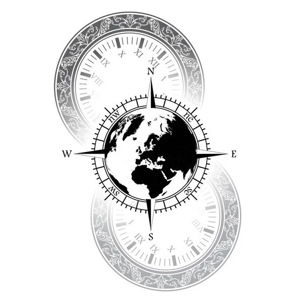 Vecchio orologio mondo simbolo di rosa dei venti — Vettoriale Stock