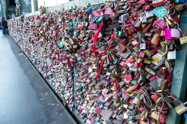 Love lock bridge (Hohenzollernbrucke Bridge), Cologne, Germany. Selective focus
