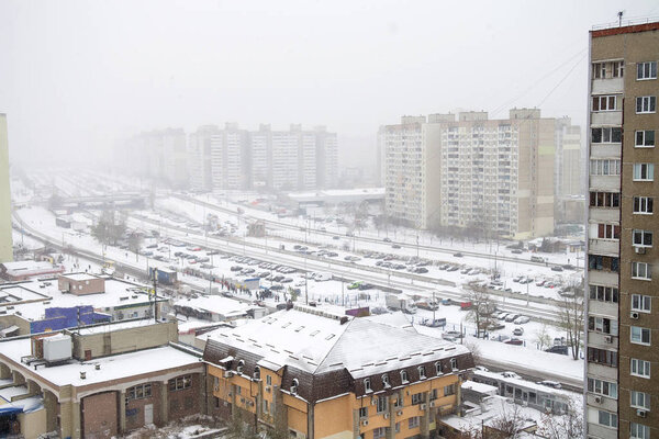 Residential area covered by snow in a cold winter day. Selective focus