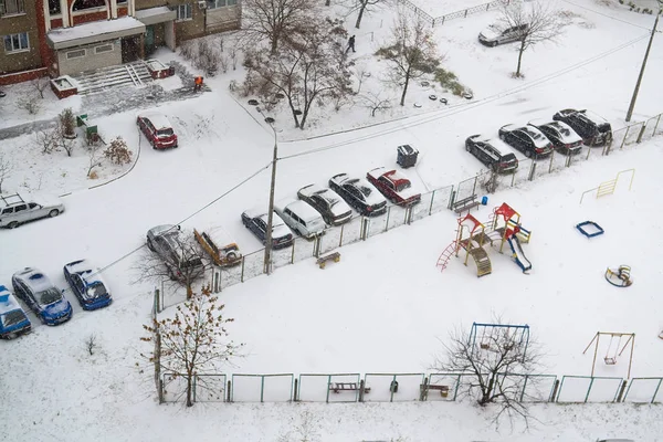 Vista Cima Para Quintal Edifício Residencial Após Queda Neve Com — Fotografia de Stock