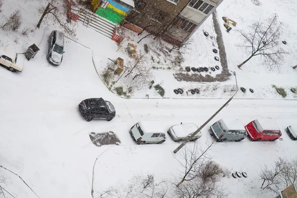 Vista Cima Para Quintal Edifício Residencial Após Queda Neve Com — Fotografia de Stock