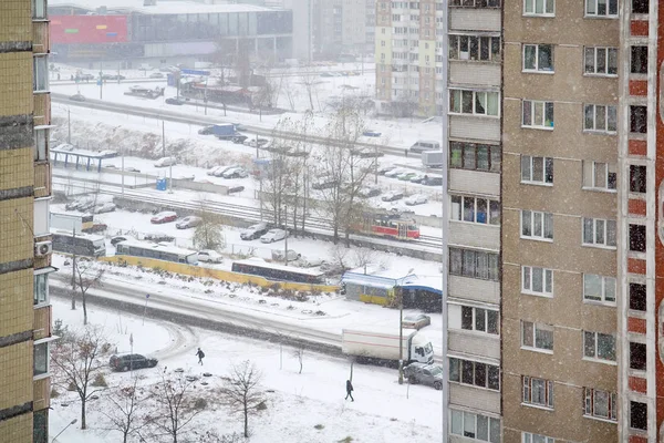 Área Residencial Coberta Neve Dia Frio Inverno Foco Seletivo — Fotografia de Stock