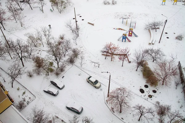 Vista Cima Para Quintal Edifício Residencial Após Queda Neve Com — Fotografia de Stock