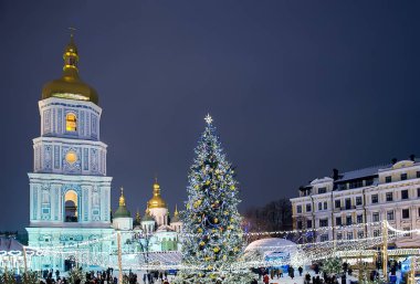 Kiev, Ukrayna - 8 Ocak 2017: Ayasofya Meydanı Kiev, Ukrayna güzel görünüm Noel ağacının. Ana Kiev'ın yeni yıl ağacı ve St. Sophia Katedrali ve arka plan üzerinde. Seçici odak