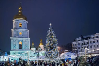 Kiev, Ukrayna - 8 Ocak 2017: Ayasofya Meydanı Kiev, Ukrayna güzel görünüm Noel ağacının. Ana Kiev'ın yeni yıl ağacı ve St. Sophia Katedrali ve arka plan üzerinde. Seçici odak