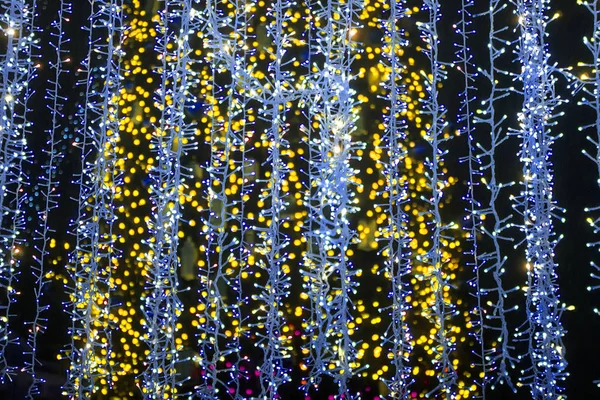 Abstract Bokeh Achtergrond Van Kerstverlichting Lage Diepte Van Focus — Stockfoto