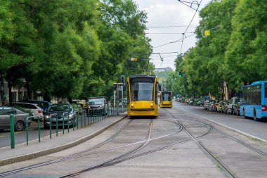 Şehir merkezinde sarı tramvay