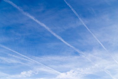 Mavi gökyüzüne karşı bir uçağın izi.