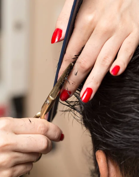Mens corte de cabelo tesoura em um salão de beleza — Fotografia de Stock