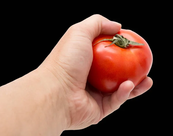 Tomate in der Hand auf schwarzem Hintergrund — Stockfoto