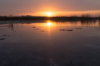 Gölün üzerinde güneşin güzel gündoğumu