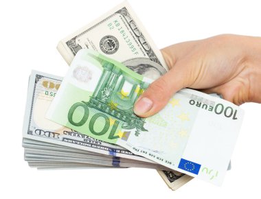 Euro ve dolar el beyaz bir arka plan üzerinde