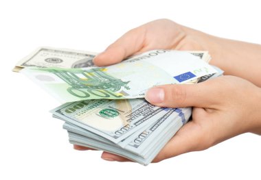 Euro ve dolar el beyaz bir arka plan üzerinde