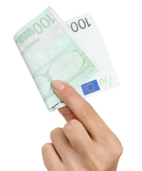 Cien euros en mano sobre un fondo blanco —  Fotos de Stock
