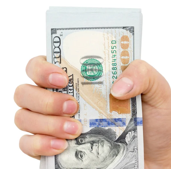 Доллары в руке на белом фоне — стоковое фото