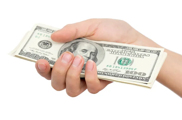 Dólares na mão sobre um fundo branco — Fotografia de Stock