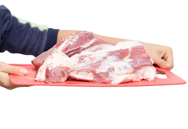 Čerstvé maso v ruce na bílém pozadí — Stock fotografie
