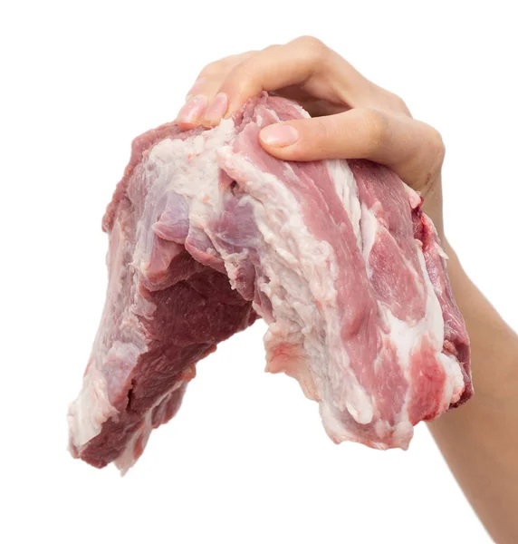 Carne fresca na mão sobre um fundo branco — Fotografia de Stock