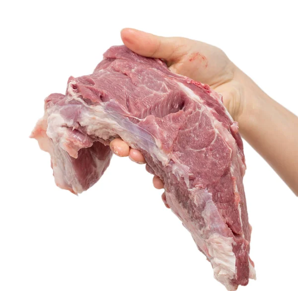 Carne fresca in mano su fondo bianco — Foto Stock