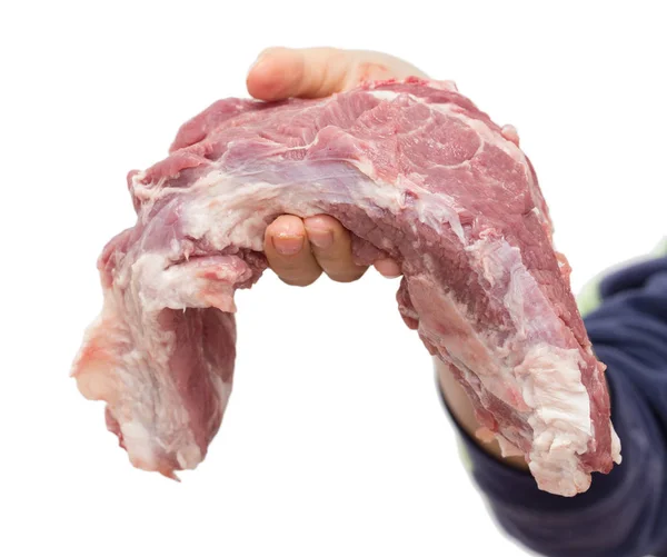 Carne fresca in mano su fondo bianco — Foto Stock