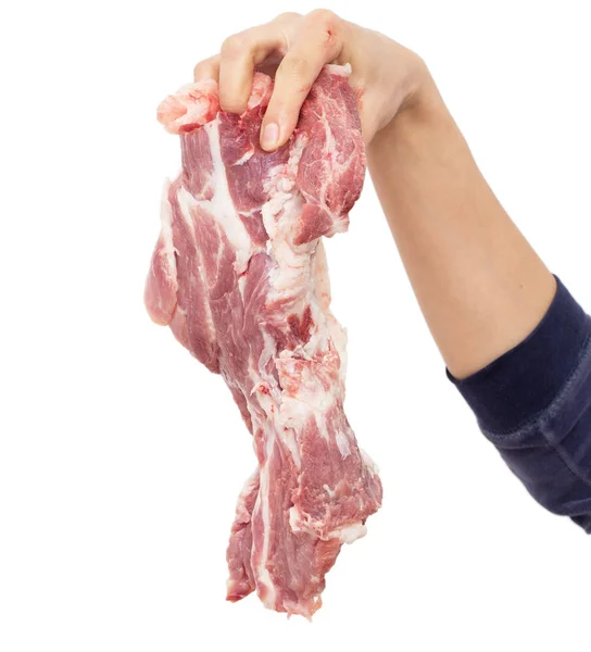 新鲜的肉在白色背景在手 — 图库照片