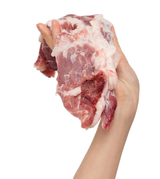 Carne fresca en la mano sobre un fondo blanco — Foto de Stock