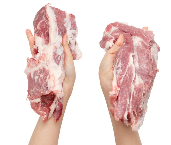 Frischfleisch in der Hand auf weißem Hintergrund — Stockfoto