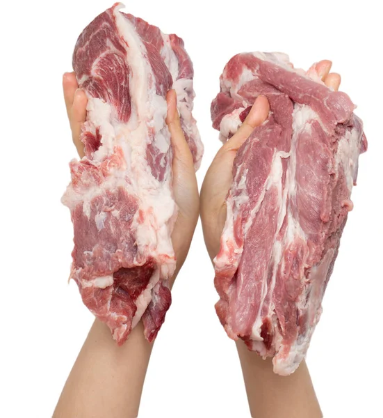 Carne fresca in mano su fondo bianco — Foto Stock