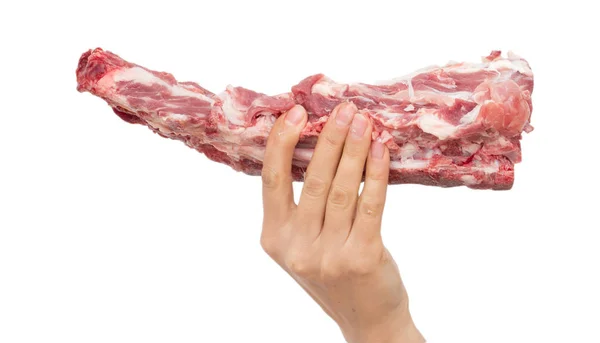 Carne fresca in mano su fondo bianco — Foto Stock