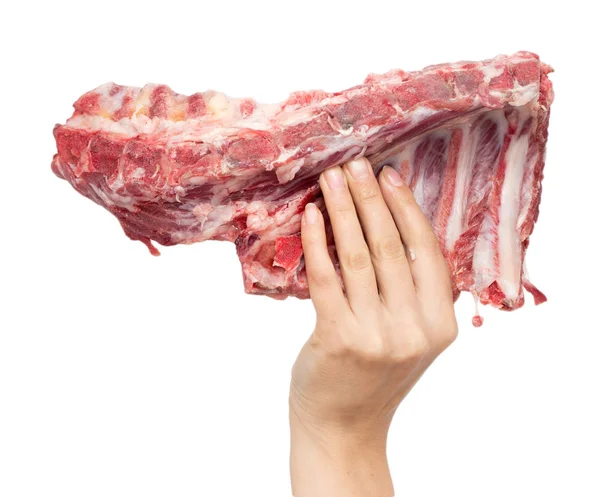 Свежее мясо в руке на белом фоне — стоковое фото