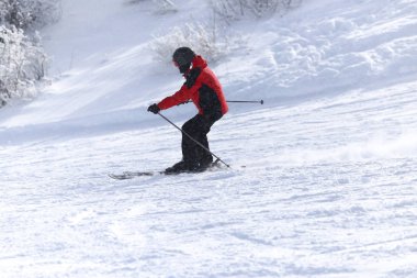 İnsanlar kışın karda kayak yapıyor.