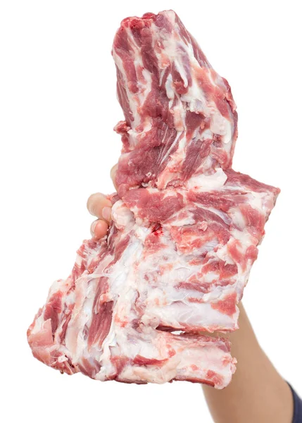 Frischfleisch in der Hand auf weißem Hintergrund — Stockfoto