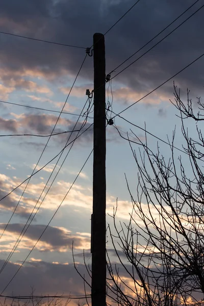 Electric pole på sunrise sun — Stockfoto