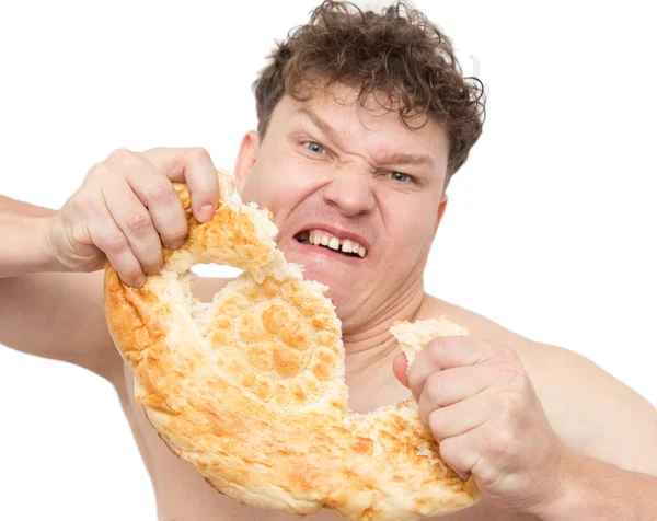 Man with bread on a white background — Stock Photo, Image