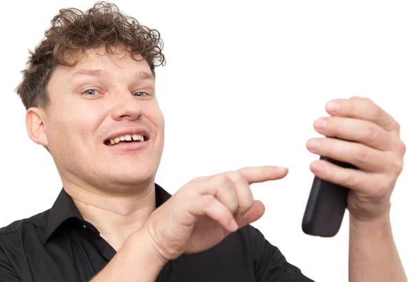 Man met telefoon op een witte achtergrond — Stockfoto