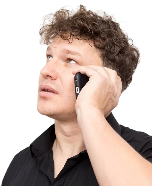 Uomo con telefono su sfondo bianco — Foto Stock