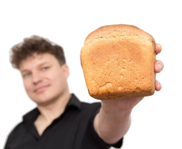 Homem com pão sobre um fundo branco — Fotografia de Stock