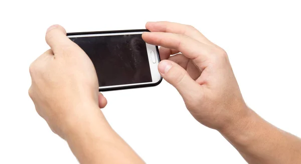 Telefono in mano su sfondo bianco — Foto Stock