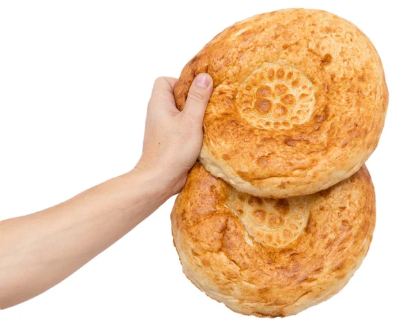 Pane fresco in mano su sfondo bianco — Foto Stock