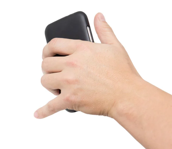 Telefoon in zijn hand op een witte achtergrond — Stockfoto